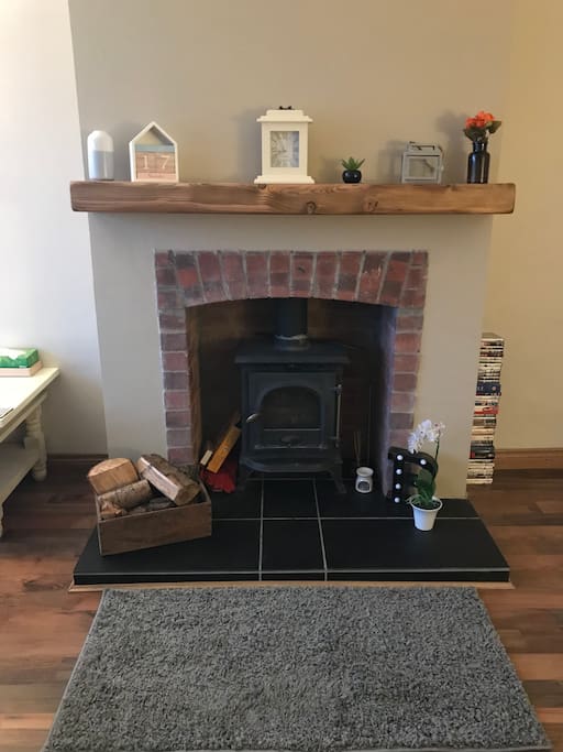 Living room with wood burning stove