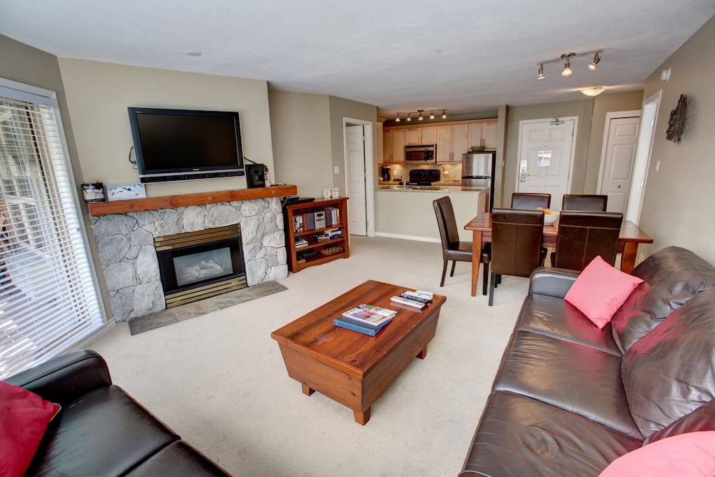 Snuggle up in front of the fire place and watch some TV after a day on the slopes.
