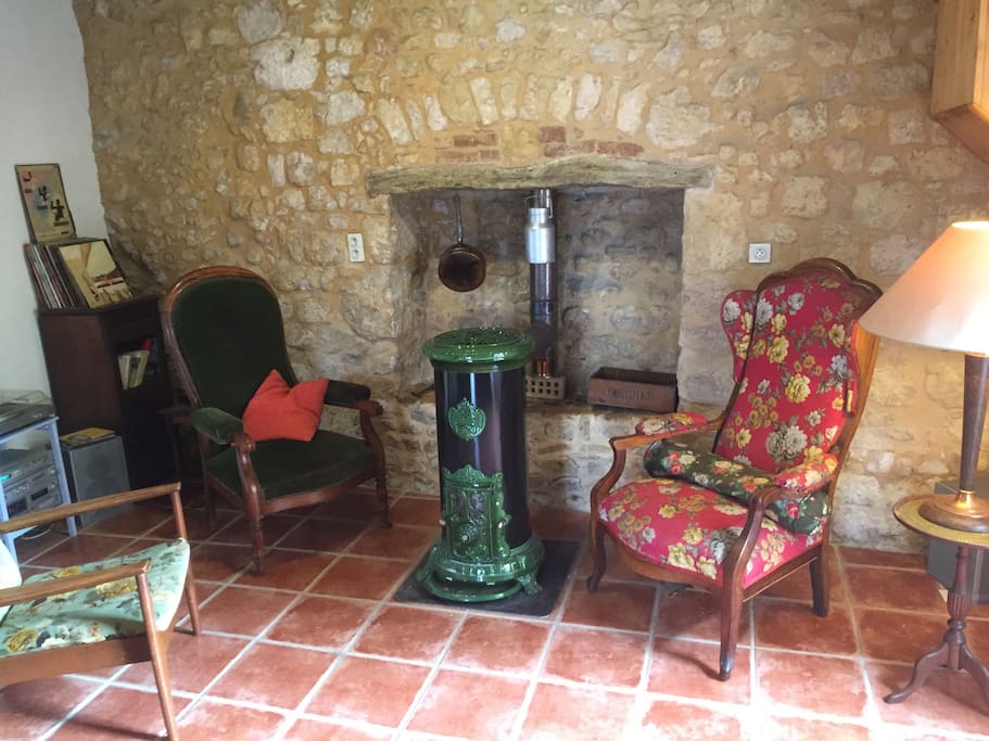 Heat is provided via a very efficient wood burning stove.