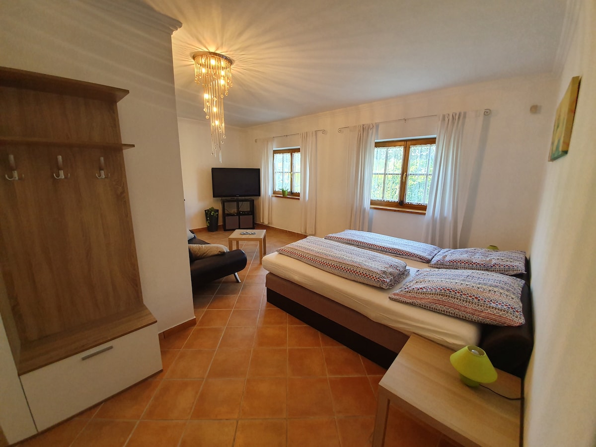 Doppelzimmer Conner, ca 25m², neu renoviert, 2 Einzelbetten a 0,90 x 2,00 m, Garderobe mit Schrank, Sofa, Sat-TV, Fußbodenheizung, zusätzlicher Holzofen, Bad mit Du/WC, 2 Fenster (1 davon mit Fenstergitter), Ventilator