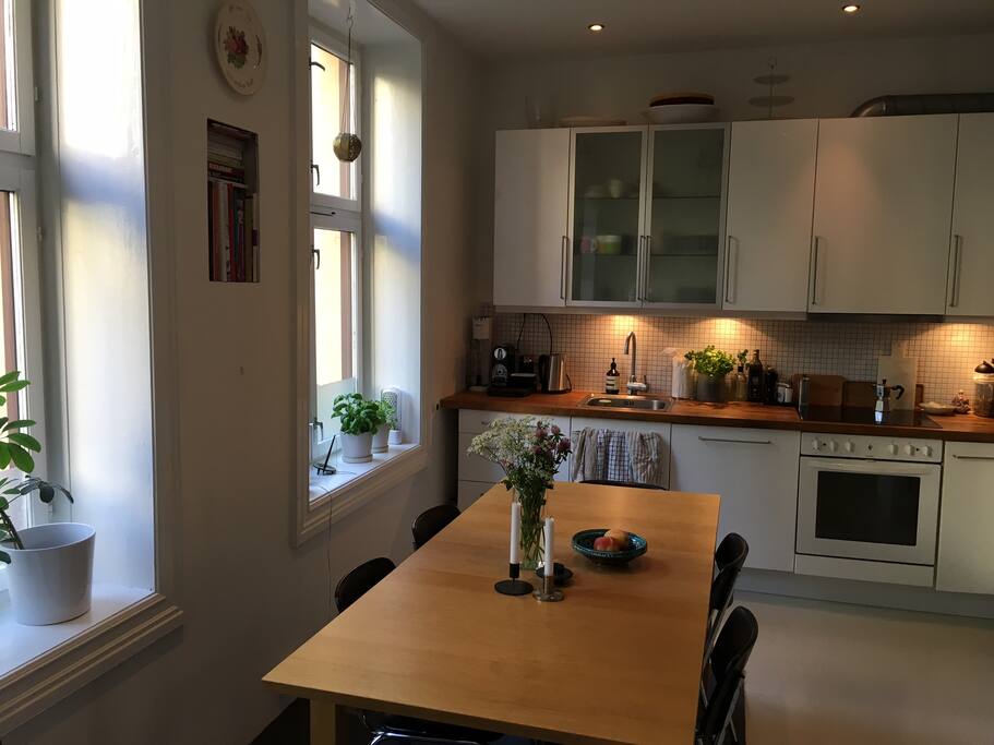 The kitchen is light and bright, and you have the back yard outside.