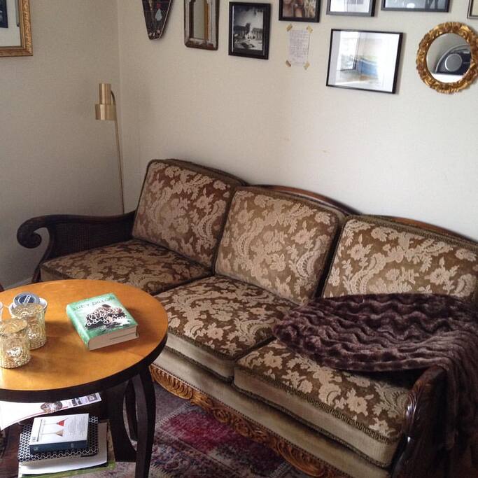 The sofa in the kitchen.