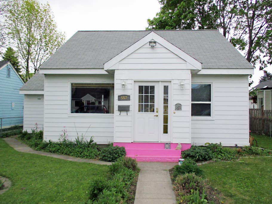 Here is a current photo taken to show the yard in Spring. I have repainted the step bubblegum pink as a playful element.