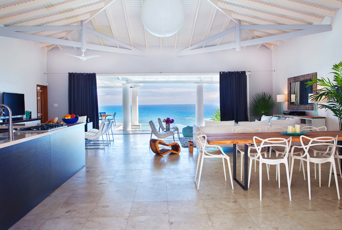 An open living space features high ceilings and a modern kitchen area, which flows into a dining area with a wooden table surrounded by white chairs. Large glass doors reveal ocean views and connect to an outdoor patio. Natural light is complemented by tropical plants.