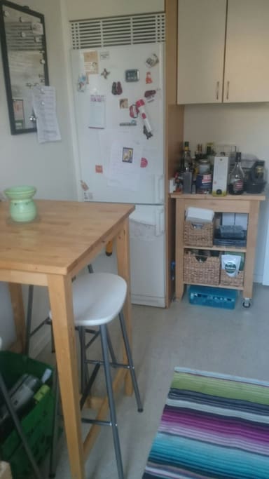 Fridge and small freezer, oils and teas on cabinette