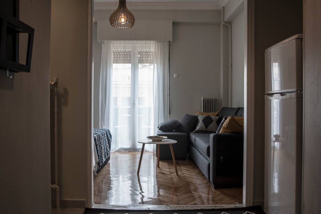 Sunny living room with air condition (open plan with bed)