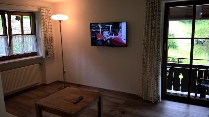 Sala de estar con sofá cama de unos 140x200 cm, con balcón y vistas despejadas de nuestra propiedad y las montañas circundantes, así como del pueblo de Ramsau.