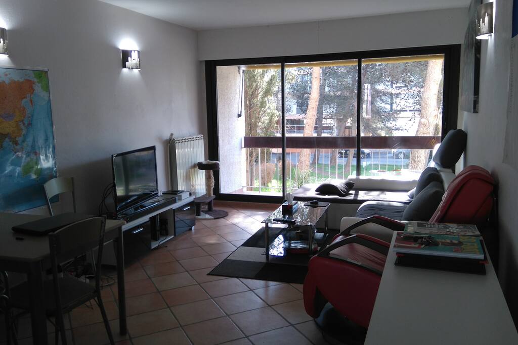 Pièce principale avec baie vitrée balcon et vue sur parc de la résidence, wifi dans toutes les pièces.