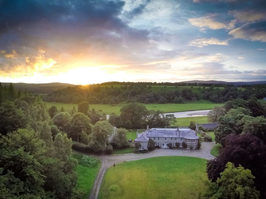 Aerial view of Tomatin House and nearby River Findhorn