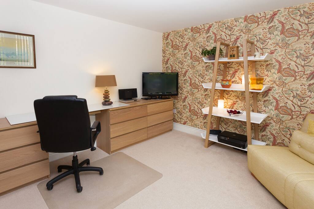 Television and desk area