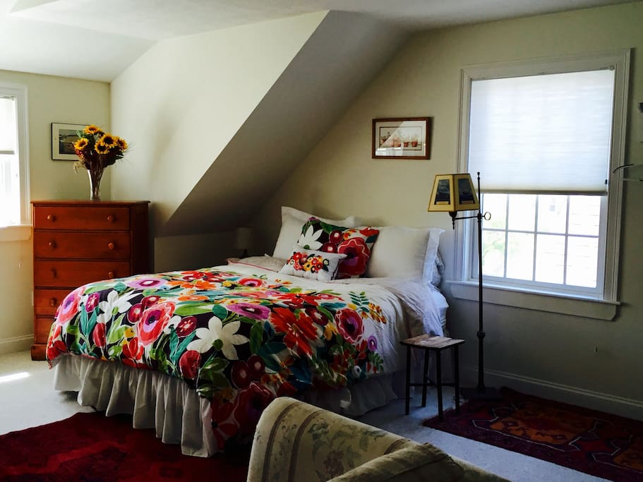 Spacious 20' X 30' room with sofa, TV, and attached private bath.