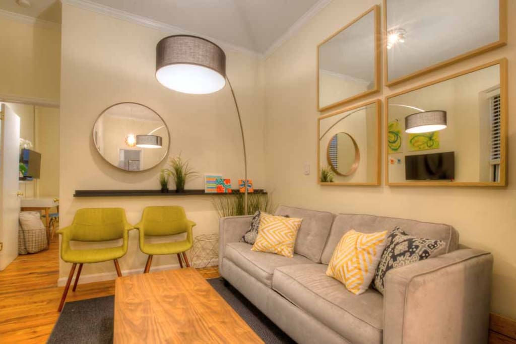 living room with queen sofa bed