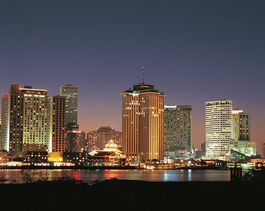 New Orleans skyline, as seen from the W. bank of the Mississippi.