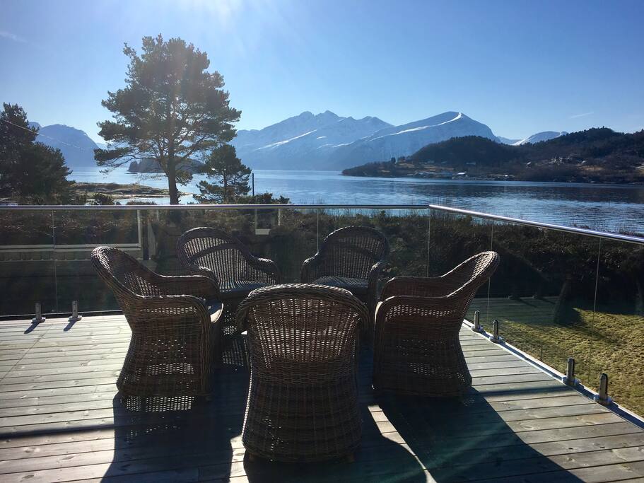 Outdoor seating area with beautiful views right out to the Sunnmørsalps and the Hjørundfjord