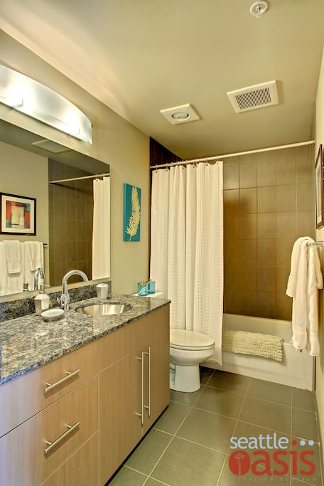 Unwind after a long day or get ready for the night in the crisp and clean bathroom.
