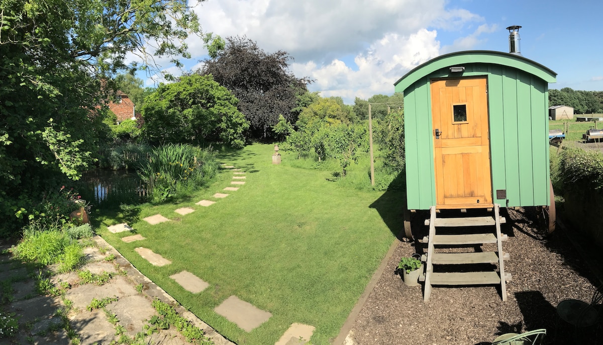 A traditional Shepherd's hut is situated on lush green grass surrounded by diverse foliage. A stepping stone path leads to the wooden door, while a large pond is visible nearby, framed by vibrant plants. The sky is bright with fluffy clouds, enhancing the serene landscape.