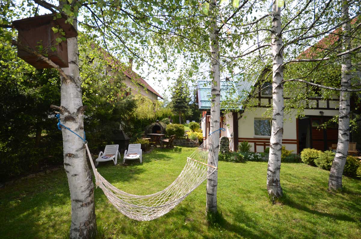 A peaceful garden area features a hammock strung between two birch trees, with sunlight filtering through the leaves. Sun loungers are positioned nearby, and a barbecue grill is visible in the background among well-maintained greenery.