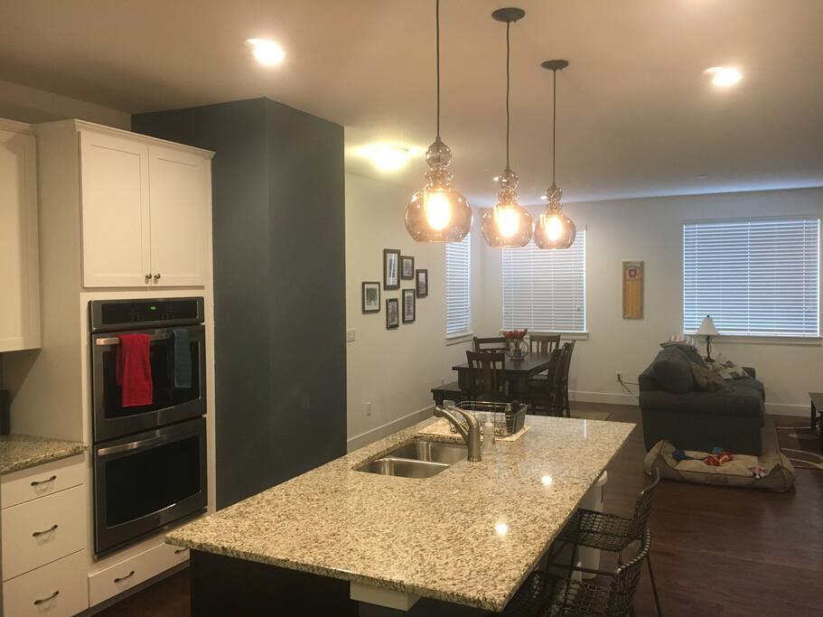 Kitchen, dining, and family room areas are shared spaces.