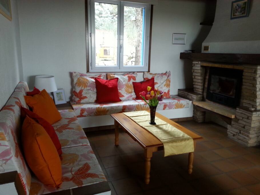 Wohnraum Sitzgruppe mit Kamin und Fernseher