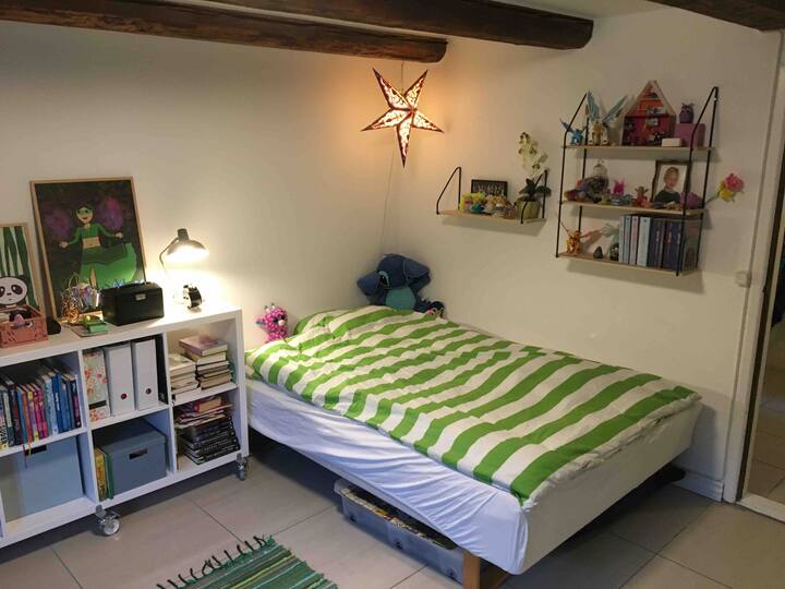 В мазето има голяма стая, която е идеално подута през лятото. Има малко двойно легло и достатъчно място за поставяне на мадрас на пода.