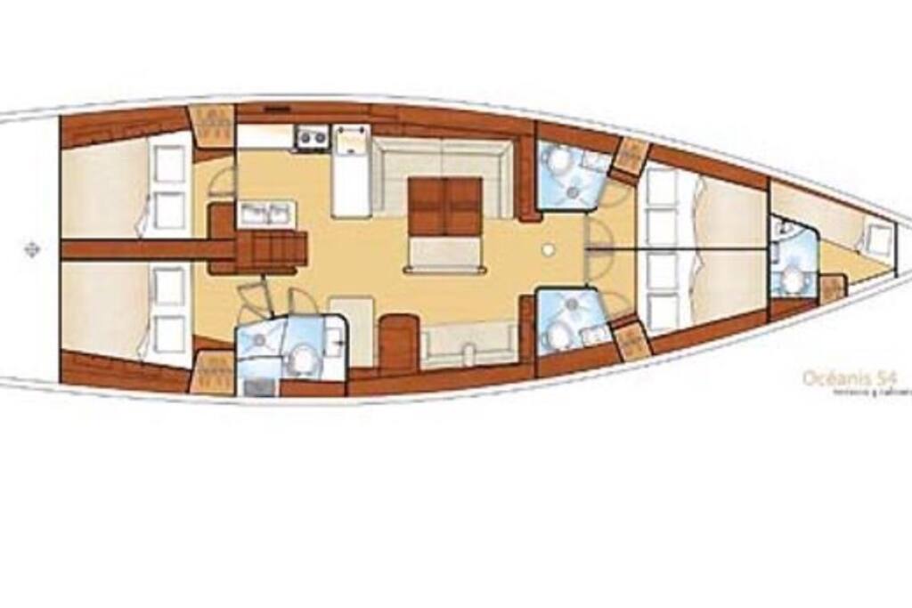 4 Staterooms, 3 bathrooms. Sleeps 8 comfortably.