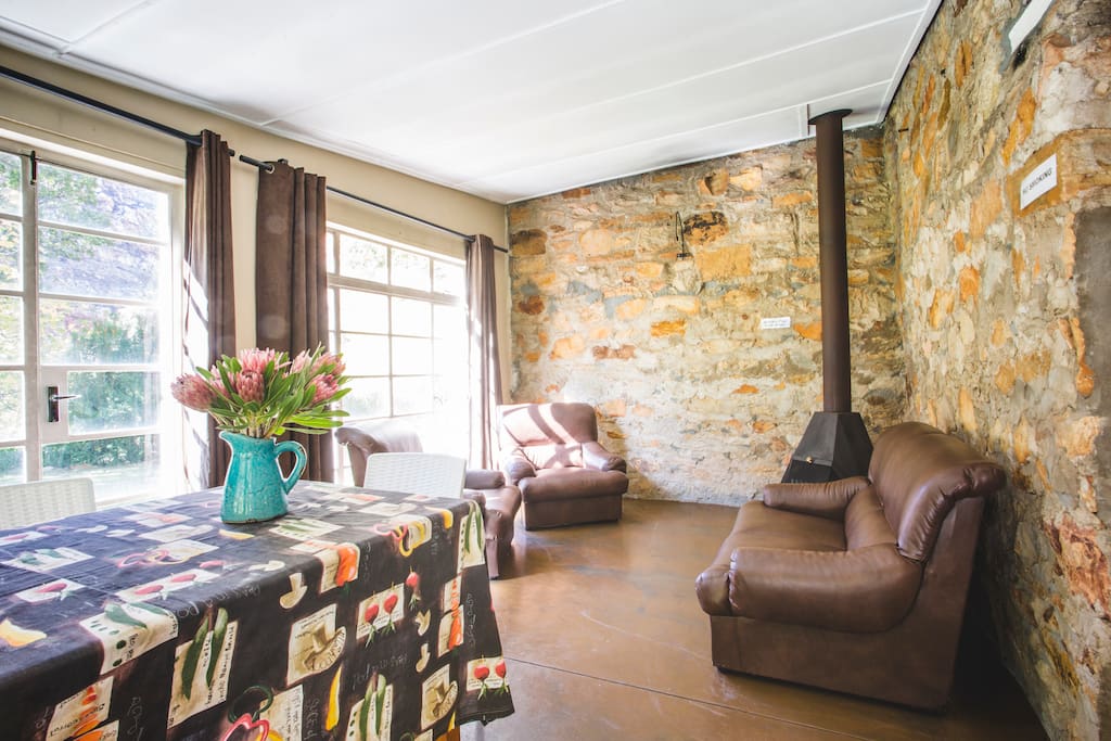 Living area with sleeper couch and fireplace