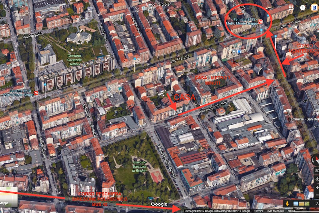 MAPPA CASA-METRO/ VIEW HOUSE TO METRO AND BUS 42 TO POLITECNICO UNIVERSITY