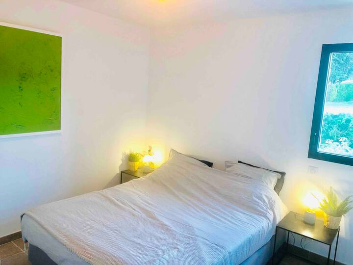 Sala verde: quarto principal com armário e pintura de design