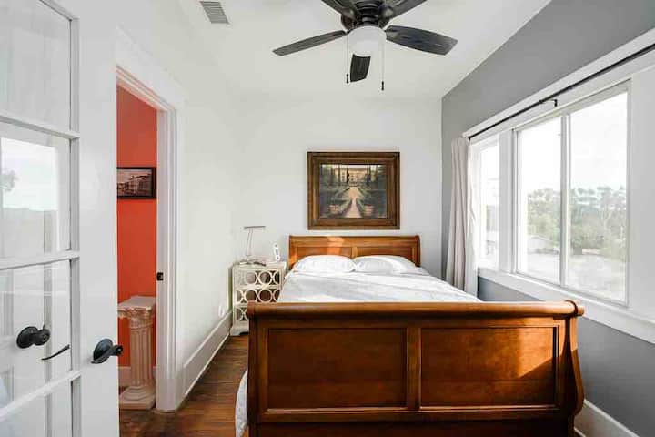 Our comfortable cool gel Queen room. This room has sunset and nightlight views.