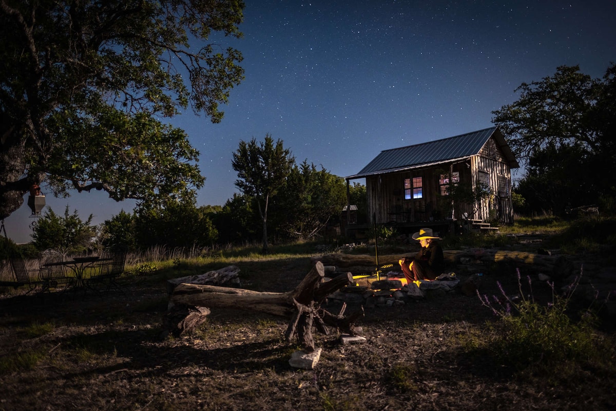 A rustic cabin is illuminated by soft lighting under a night sky filled with stars. A fire pit, surrounded by seating logs, is centered in the foreground, suggesting a cozy outdoor gathering. Lush trees and shrubs create a natural border around the cabin.
