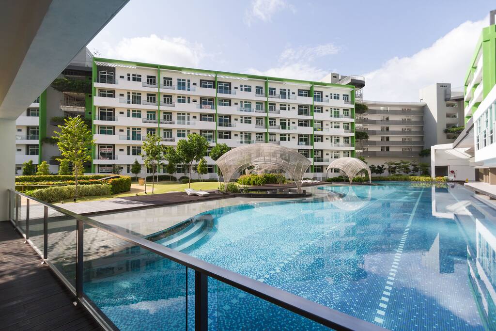 The beautifully tiled swimming pool, it's a long pool for your swim