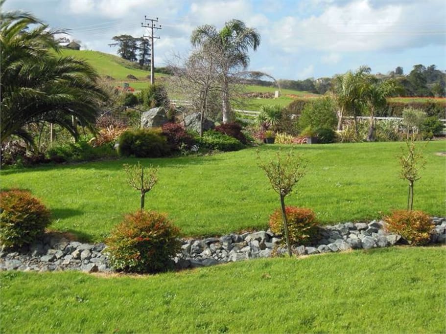 Lush green surroundings.