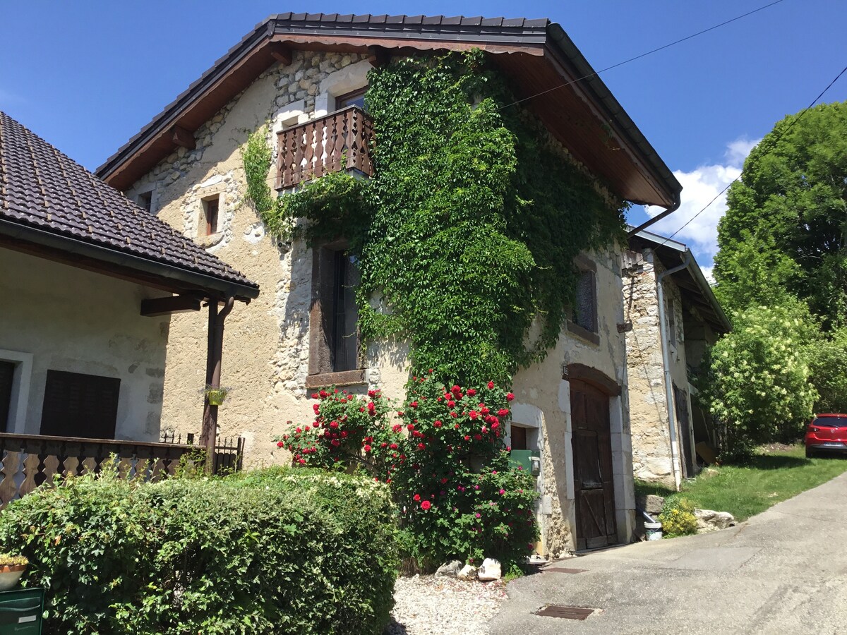The exterior of a charming stone house is displayed, partially covered by lush green ivy. Nearby, vibrant roses bloom, adding color to the scene. A wooden balcony overlooks the entrance, and the building is surrounded by a well-maintained garden with trees in the background.