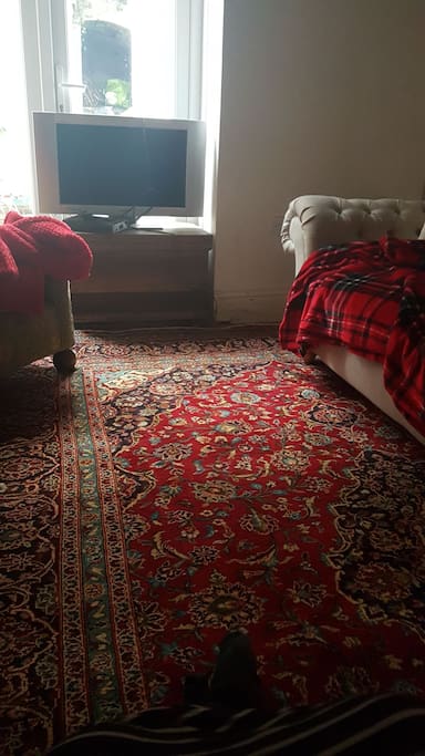 living room with television, two settees and woodburner.