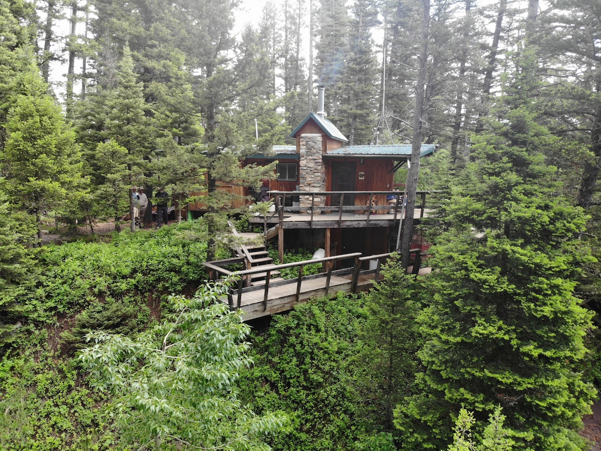 A rustic cabin is nestled among lush green trees, elevated on a wooden deck surrounded by dense foliage. A stone chimney and a pitched roof add character, while the gradual steps lead to the entrance, blending into the natural setting.