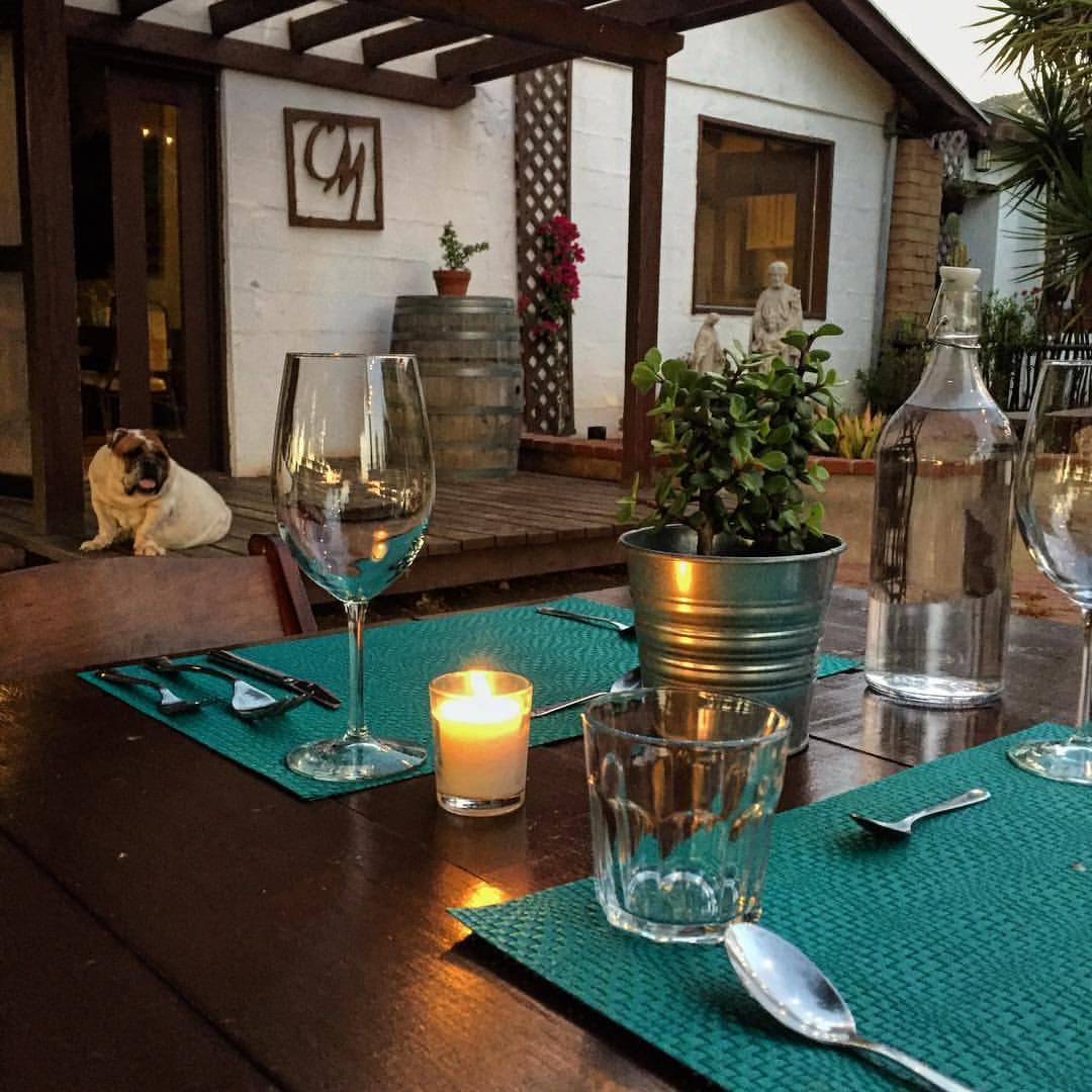 A dining table is set with glassware and a lit candle, resting on a textured teal placemat. In the background, a well-maintained courtyard with potted plants and a decorative statue is visible, while a dog sits nearby, adding a welcoming touch to the scene.