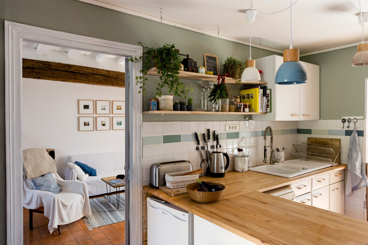 A well-equipped kitchen features wooden countertops and open shelving adorned with plants and kitchenware. A white refrigerator and a silver toaster are visible. In the background, a cozy seating area is seen with a light-colored chair and a decorative rug.
