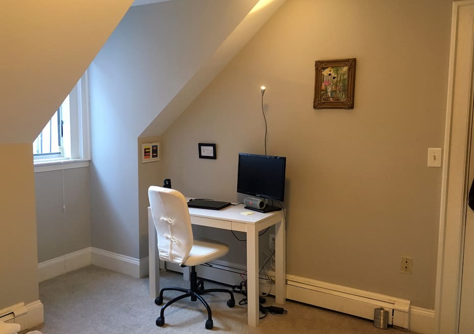 Desk with extra monitor in the bedroom