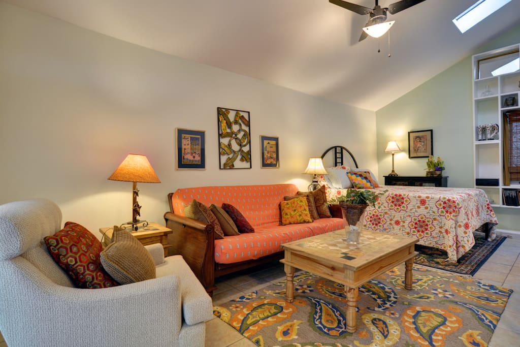 High ceilings, Skylights & Colorful Decor.