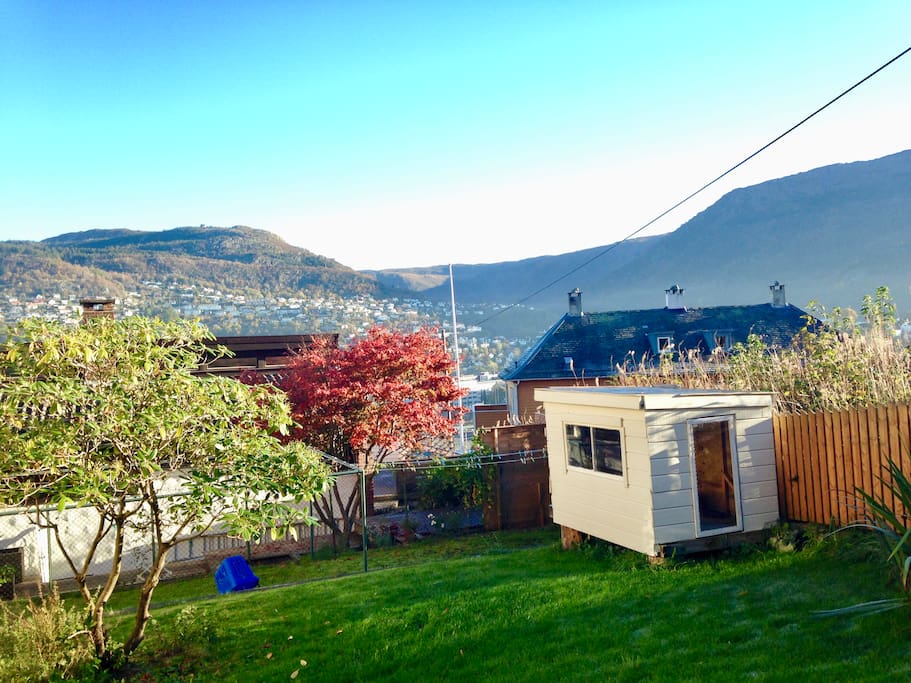 View from the garden to mount Fløyen and Ulriken