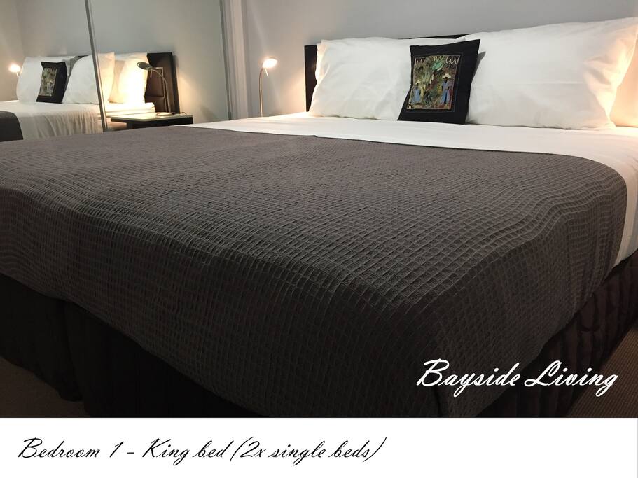 Bedroom 1 - King bed (2x single beds), with ceiling fan and built in robe.