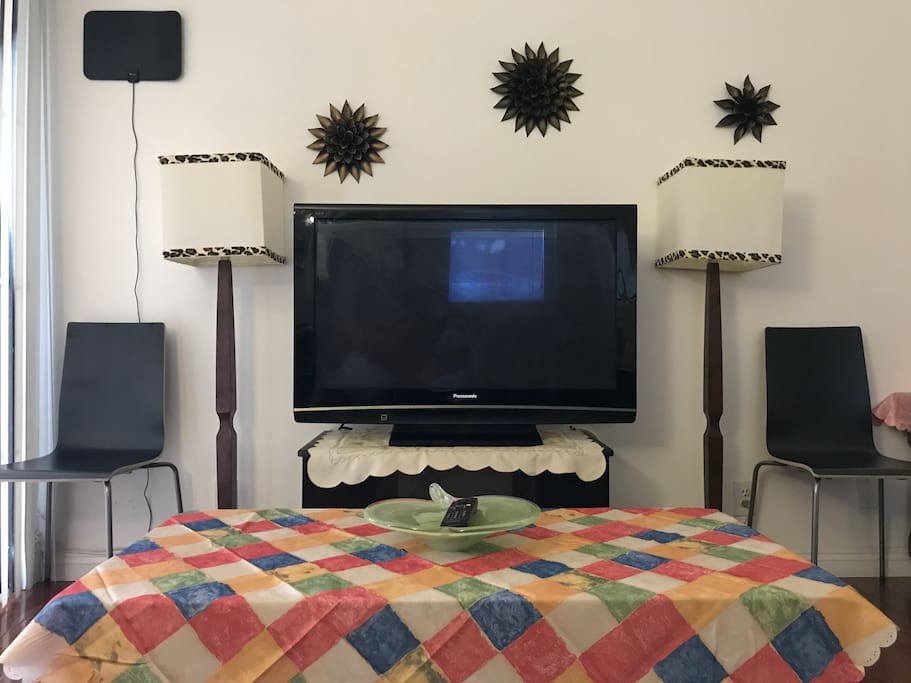 Large TV with cable and Roku TV (Netflix and Hulu)