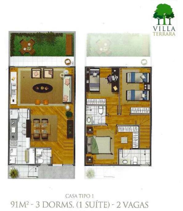 Casa com Sala, Sala de Jantar, Cozinha, Área de Serviço, Lavabo, Área Externa(térrea). 3 Quartos, 1 suíte, 1 Banheiro Completo(1 andar)