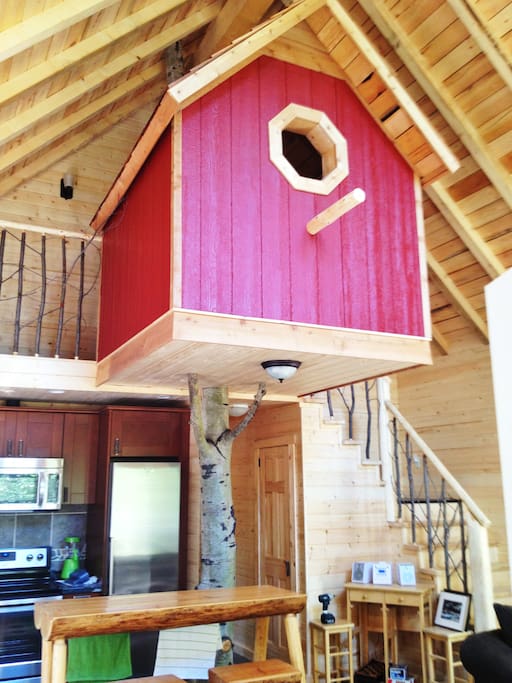 The birdhouse offers a neat sleeping experience for kids. It has two small twin size beds that can fit adults as well.
