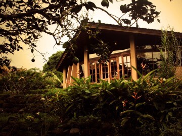 A charming villa is framed by lush greenery and tropical plants. Large windows invite natural light, offering a glimpse of the serene landscape beyond. The building’s architectural features enhance its connection to the surrounding nature, creating a peaceful retreat.