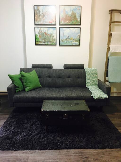 Comfy living area with with antique suitcase coffee table.