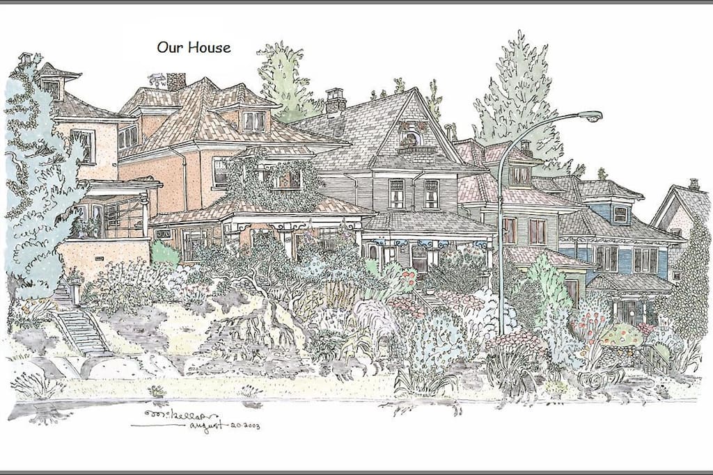 Commissioned line-drawing of our street's special row of character homes.