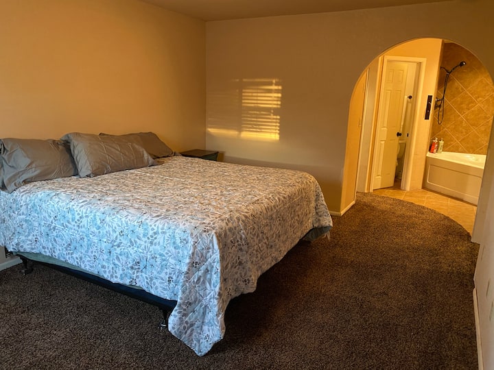 1 -「VBarL」卧室–这是主卧，配有独立卫生间、步入式衣柜和后门廊的独立入口。
注意：后角有喷射式浴缸