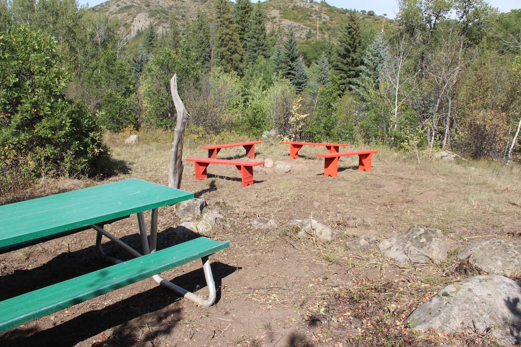 Private picnic table and fire pit.