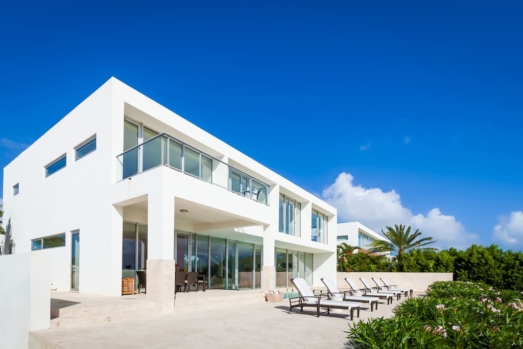 Sleek modern lines against the blue of the sky and sea.